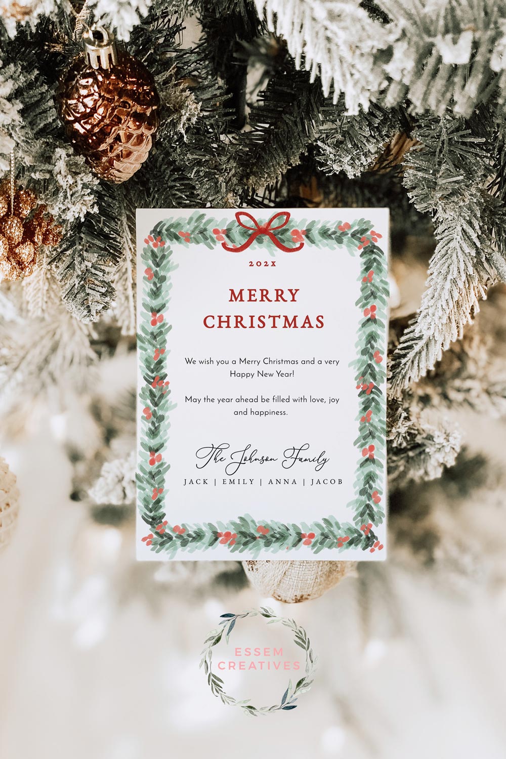 printable christmas card template, vertical shop holiday card template,  dainty greenery border watercolor christmas card, holly border bow corjl  512 -